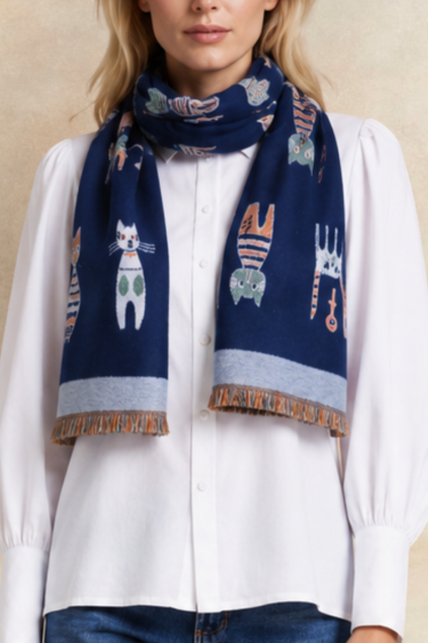 Scarf Cat Motif Border Trim