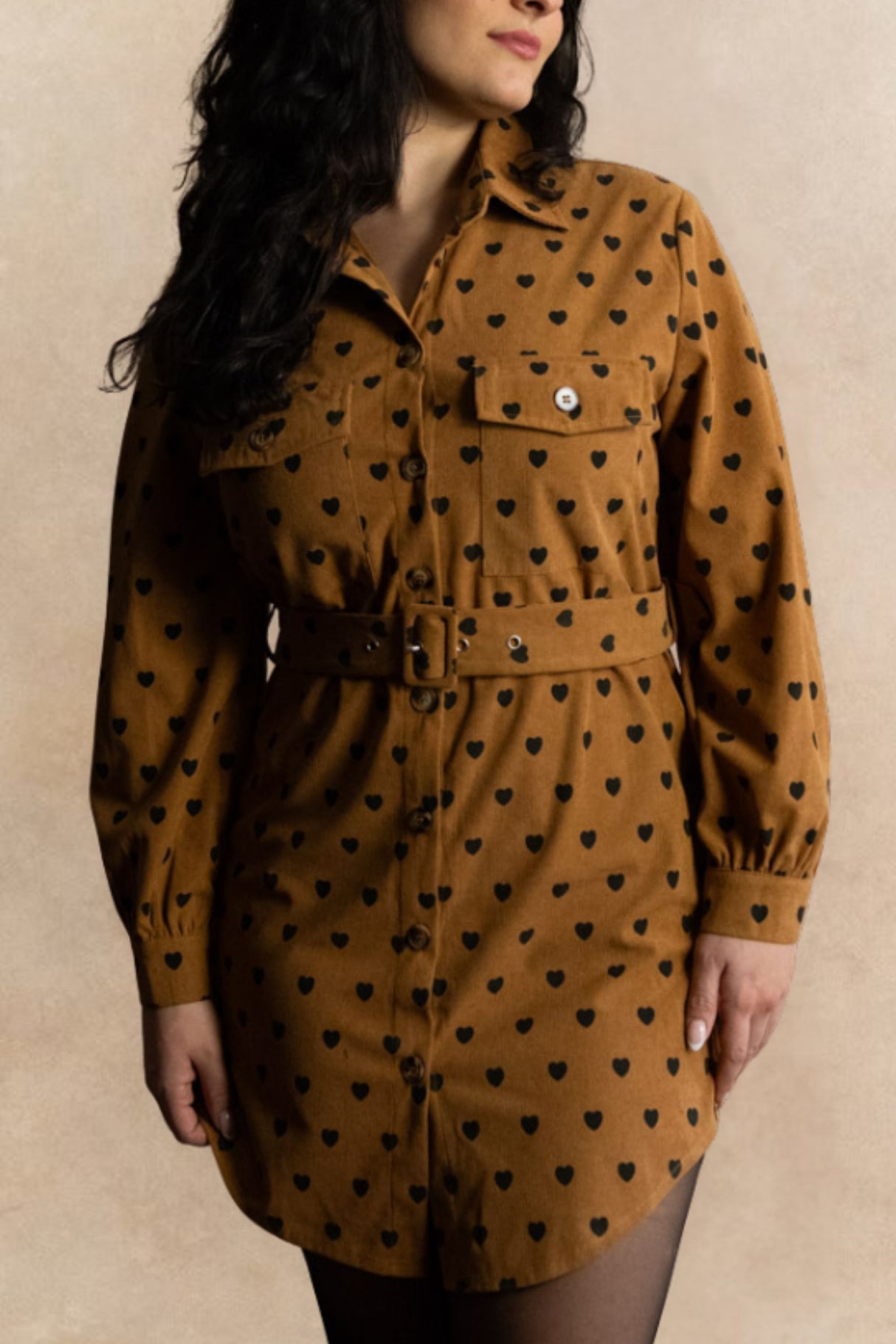 Stephanie Tunique Chemise à Motif Cœur Manches Longues Boutonnée Ceinturée