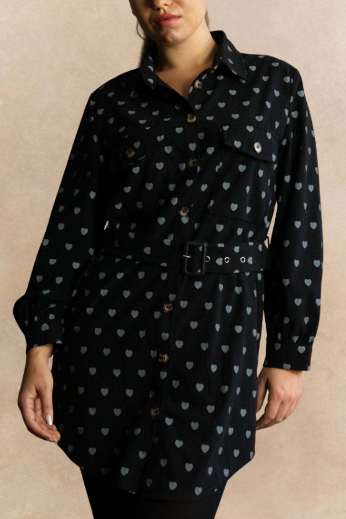 Stephanie Tunique Chemise à Motif Cœur Manches Longues Boutonnée Ceinturée