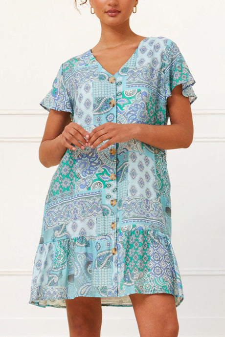 Sabine Dress A-Line Patchwork Buttons Blue