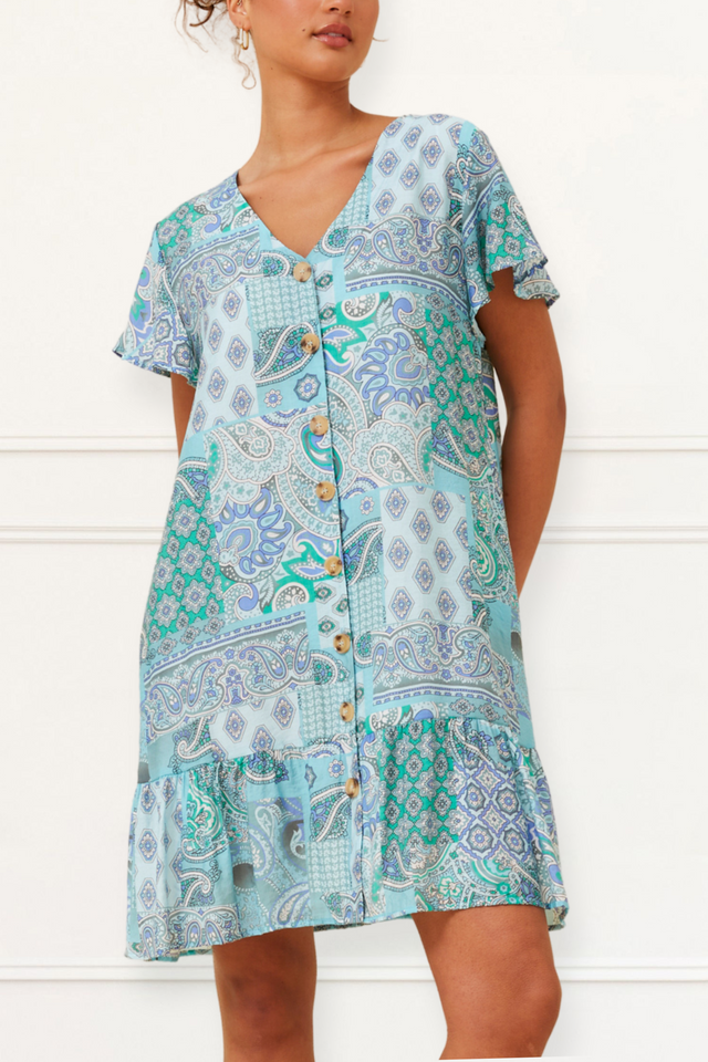 Sabine Dress A-Line Patchwork Buttons Blue