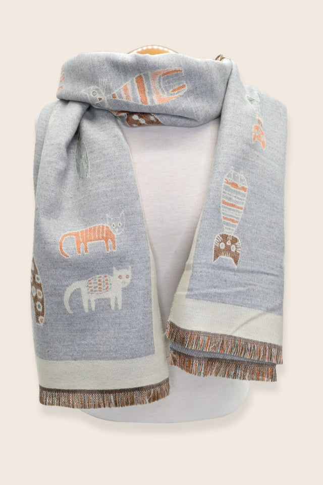 Scarf Cat Motif Border Trim