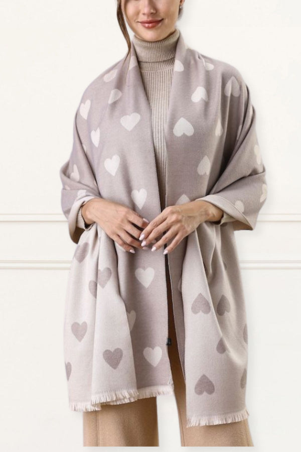 Scarf Hearts Motif Fringes - Onze Montreal Beige Onze Montreal