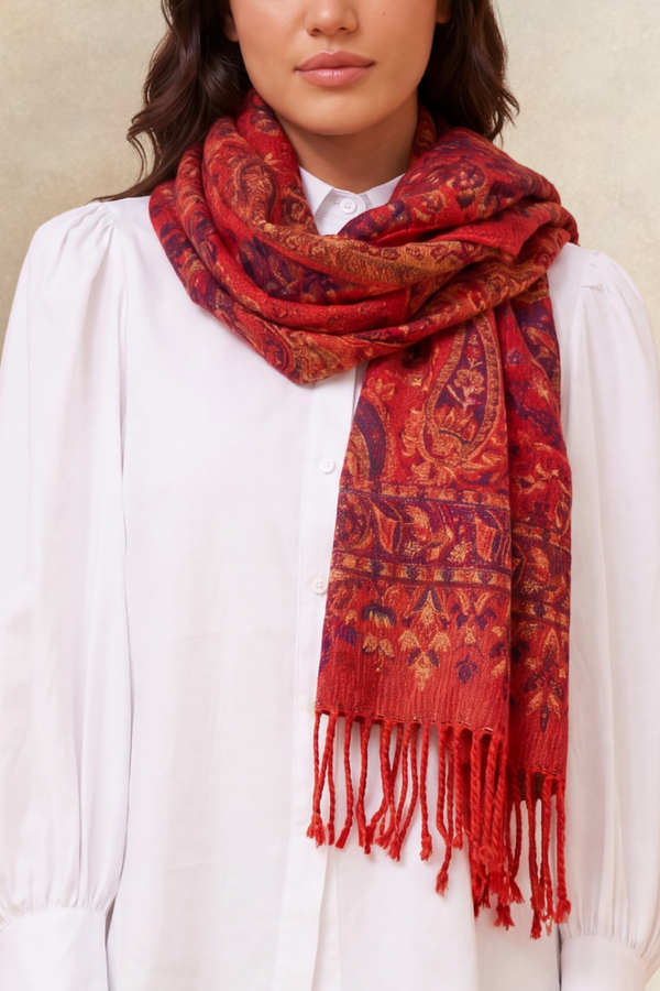 Écharpe Bohème à Franges Motif Cachemire – Rouge, Noire ou Rose