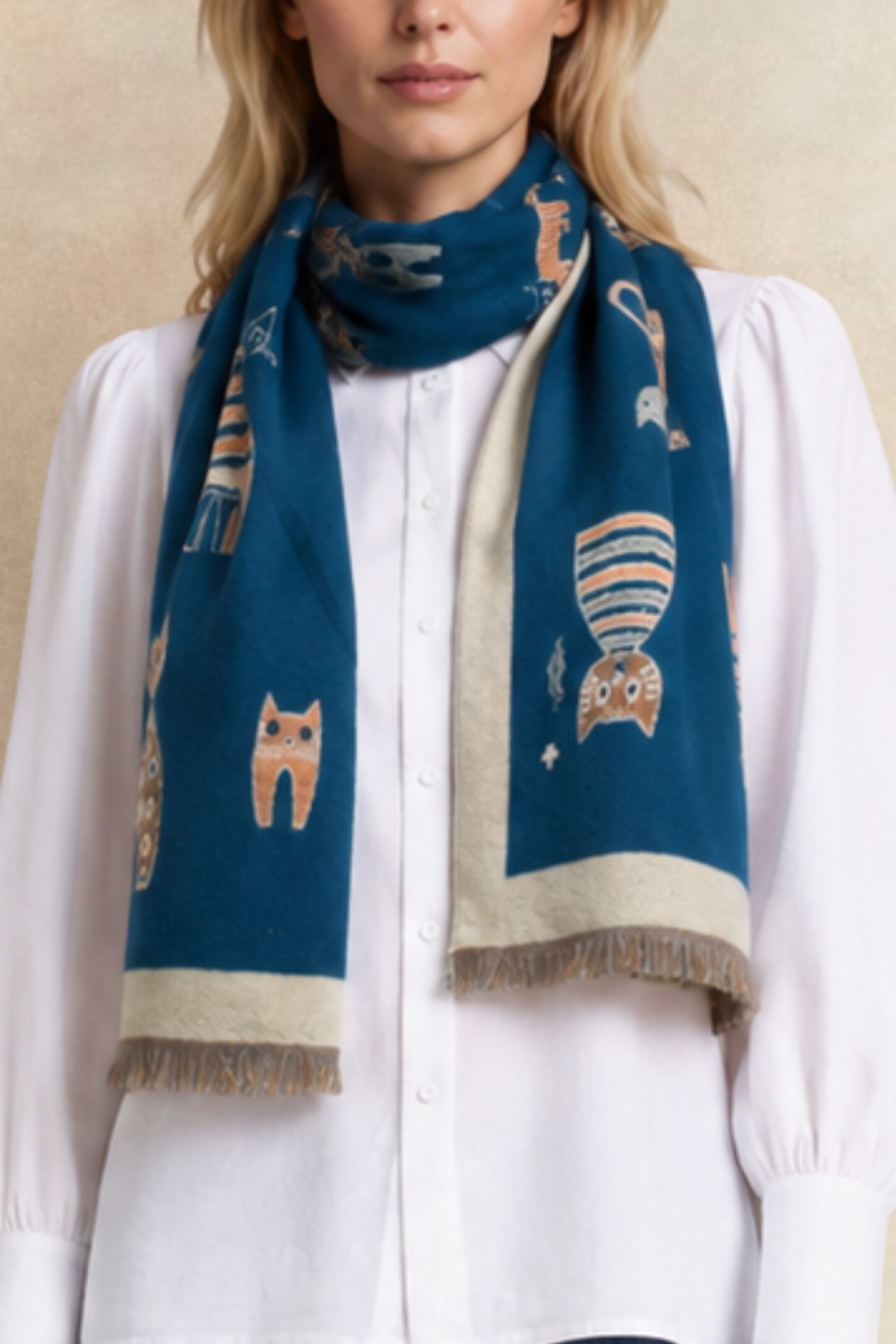 Scarf Cat Motif Border Trim
