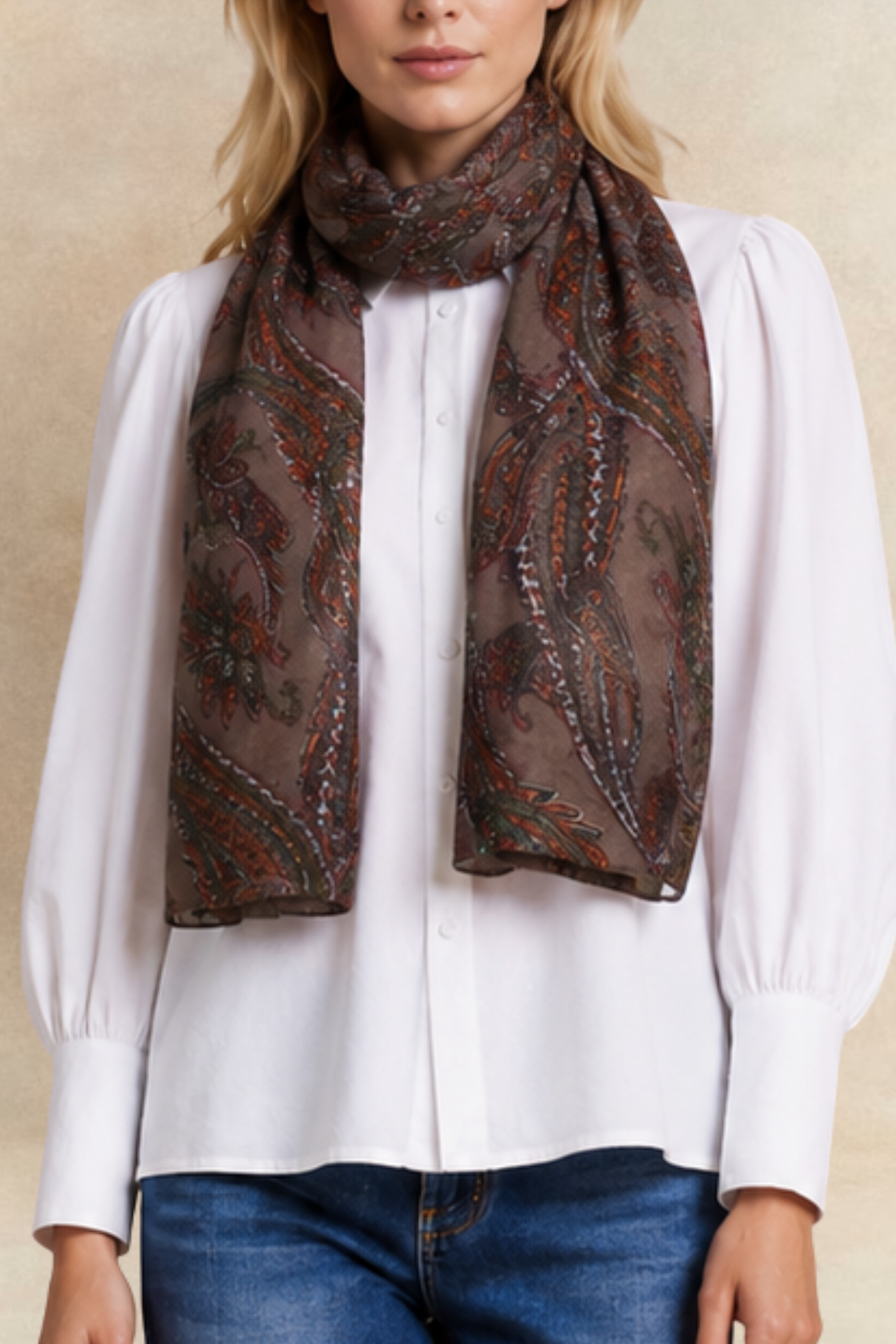 Scarf Light Paisley Leaves Print Brown