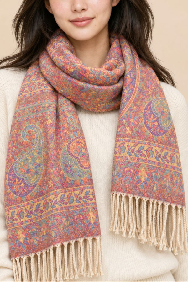 Scarf Paisley Pink Motif Fringed