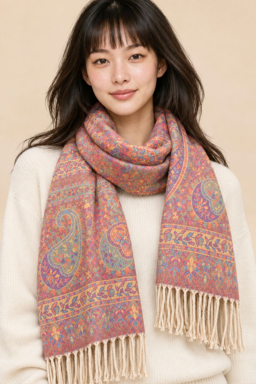 Scarf Paisley Pink Motif Fringed