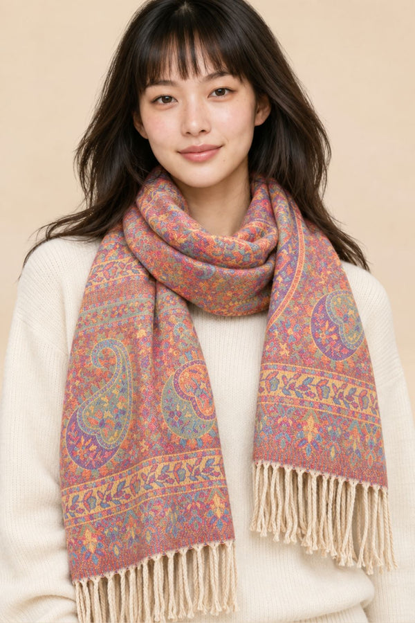 Scarf Paisley Pink Motif Fringed