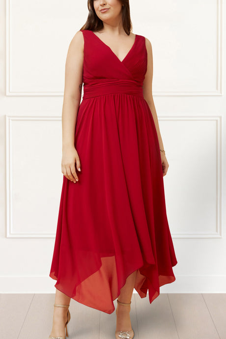 Scarlett Midi Dress Waisted Handkerchief Hem Red - Onze Montreal