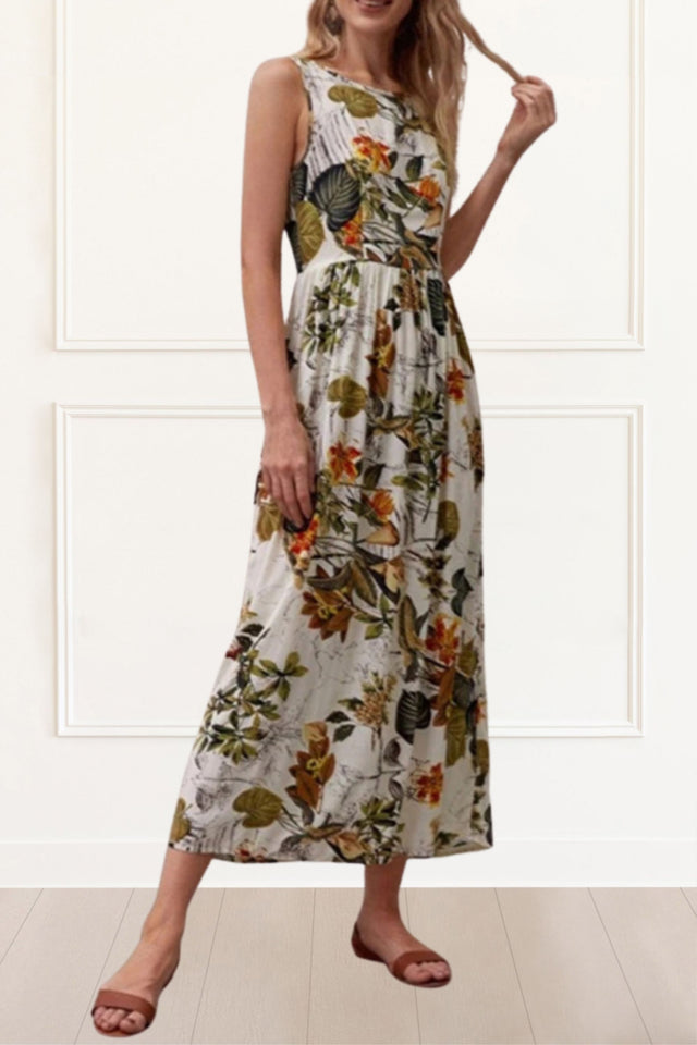 Selena Maxi Dress Floral Print Sleeveless Round Collar