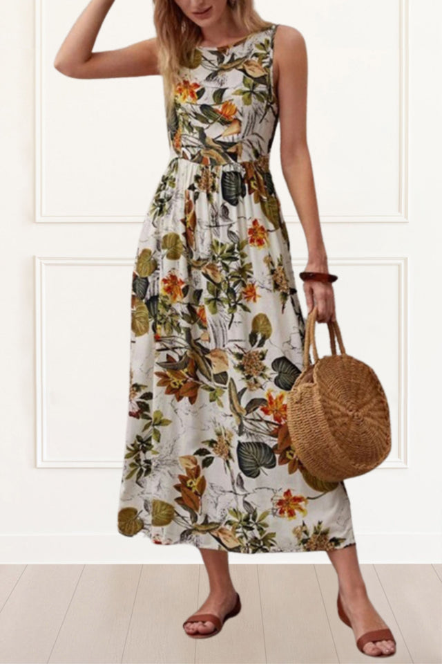 Selena Maxi Dress Floral Print Sleeveless Round Collar