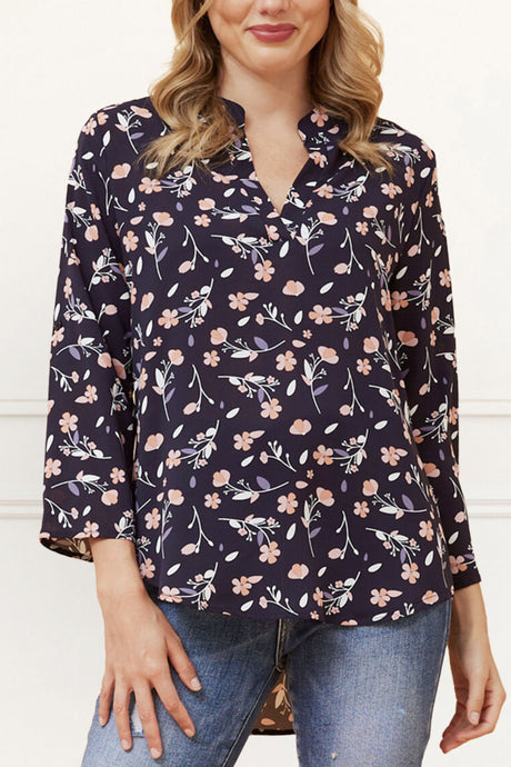 Sherine Blouse Floral Print V Neck Navy - Onze Montreal