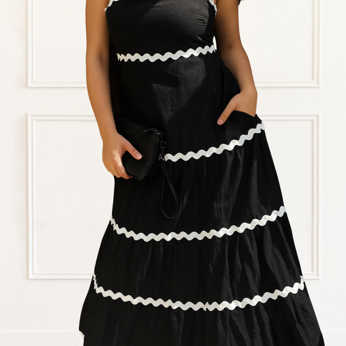 Sienna Black Maxi Dress White Ric-Rac Trim Adjustable Straps - Onze ...