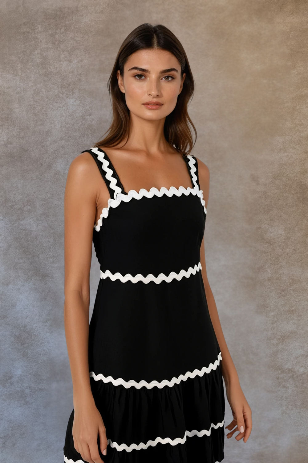 Sienna Black Maxi Dress White Ric-Rac Trim Adjustable Straps - Onze ...