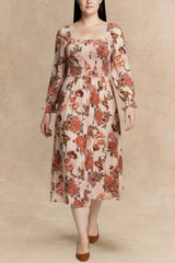 Gabriela Robe Midi Fleurie Manches Longues Taille Smockée