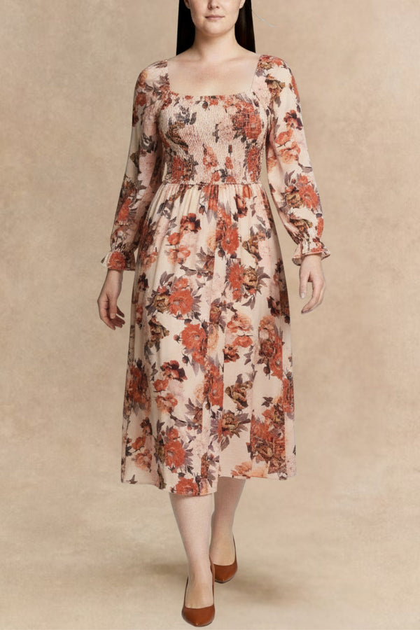 Gabriela Robe Midi Fleurie Manches Longues Taille Smockée