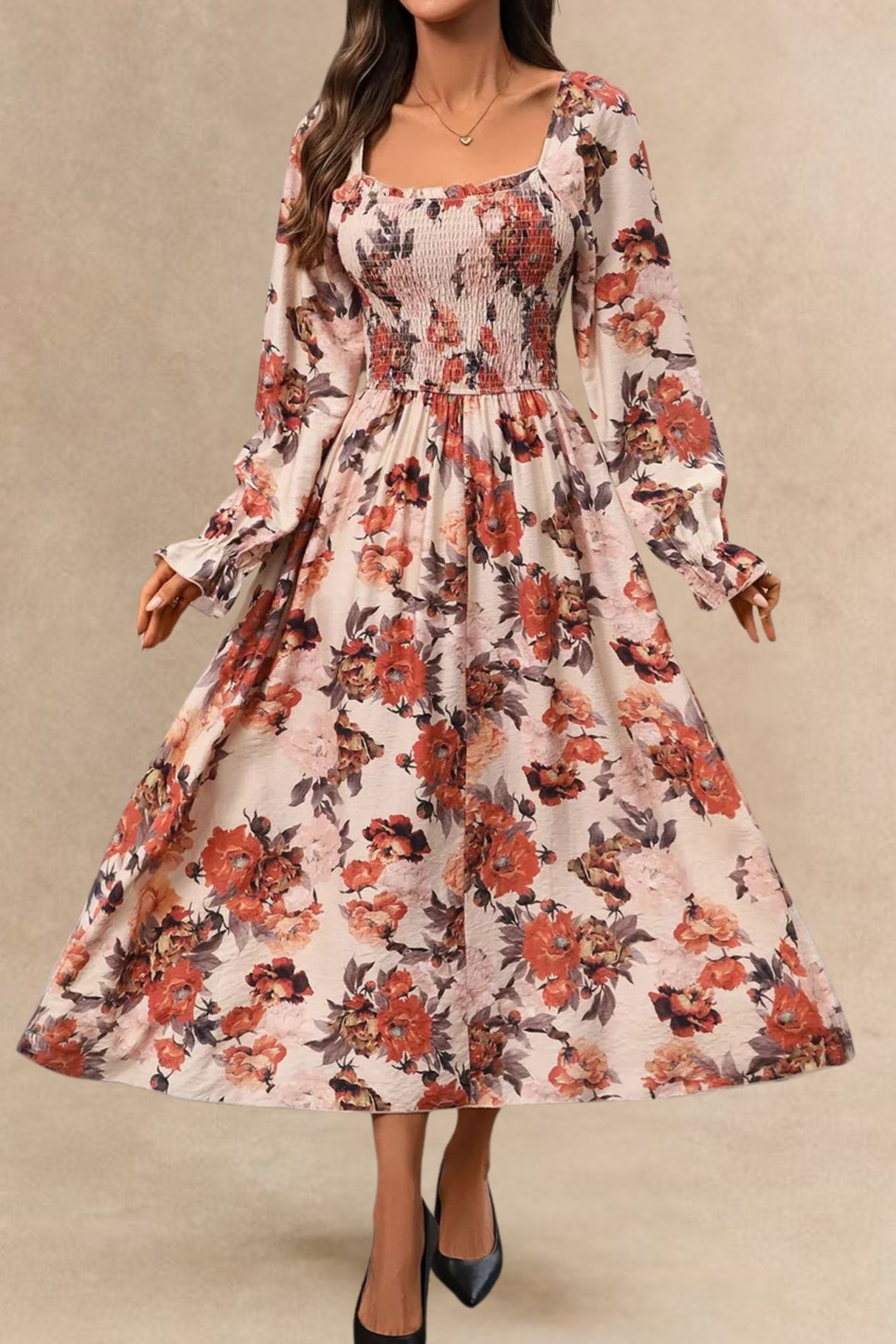 Gabriela Robe Midi Fleurie Manches Longues Taille Smockée