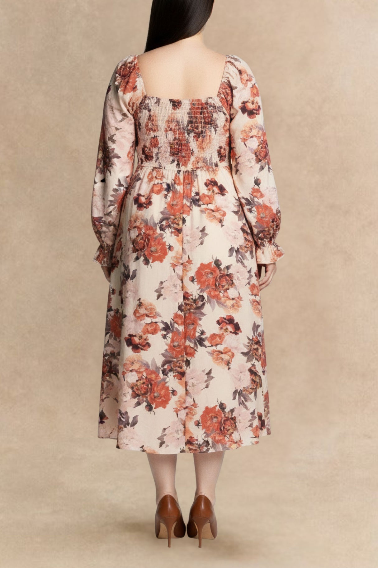 Gabriela Robe Midi Fleurie Manches Longues Taille Smockée