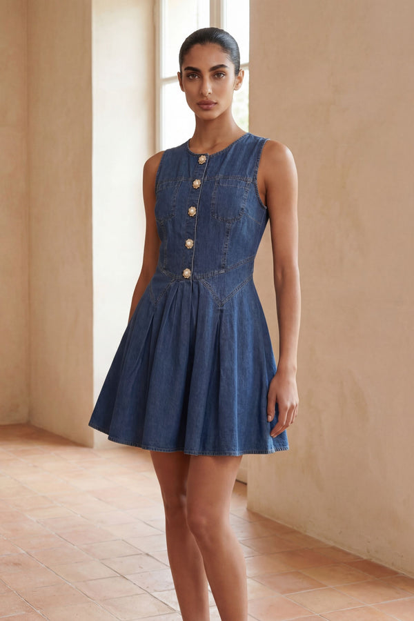 Solange Robe Jean Sans Manches Boutons 