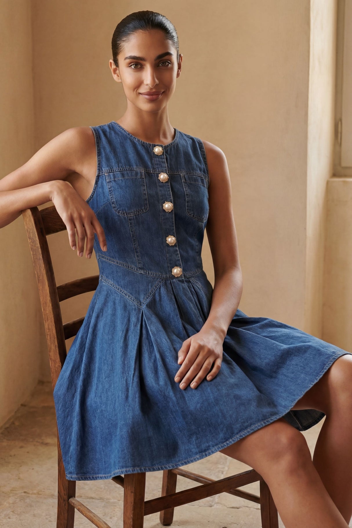 Solange Robe Jean Sans Manches Boutons 