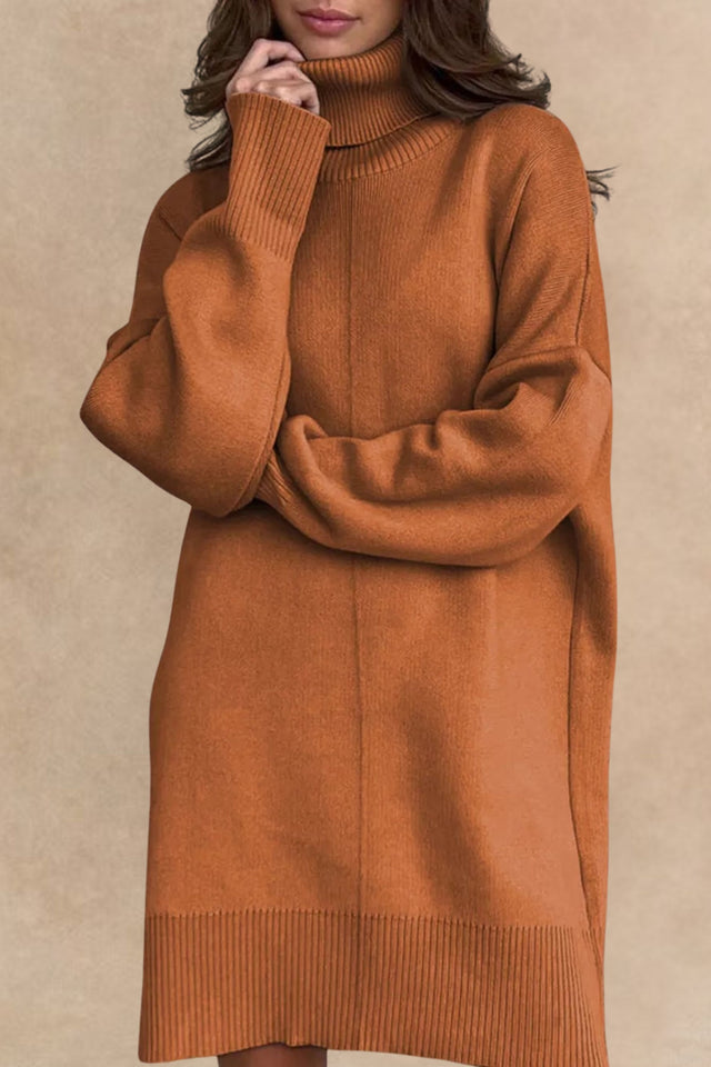 Solid Color Turtleneck Drop Shoulder Loose Sweater Dress