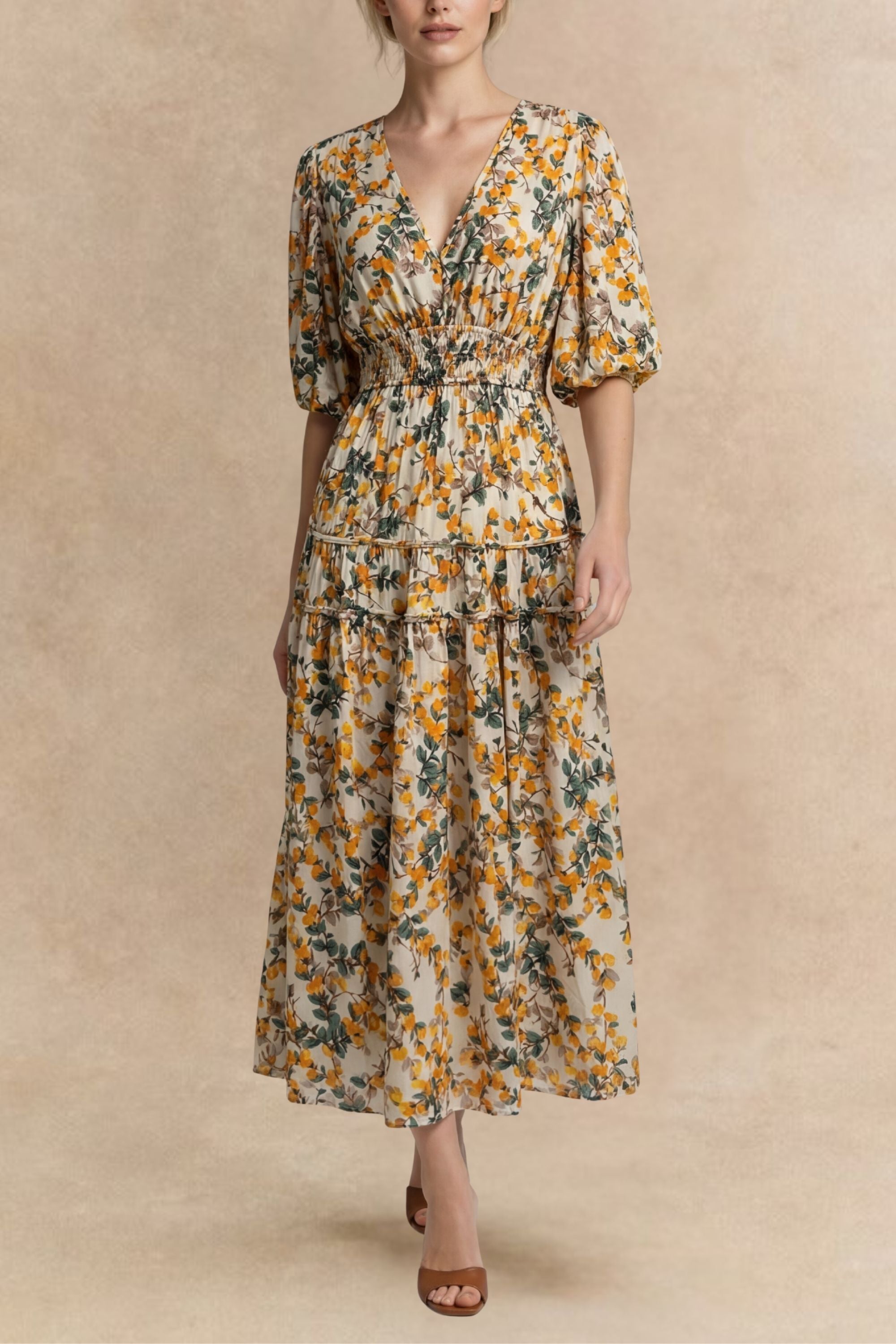 Sophie V-Neck Midi Dress Bell Sleeve Smocked - Onze Montreal