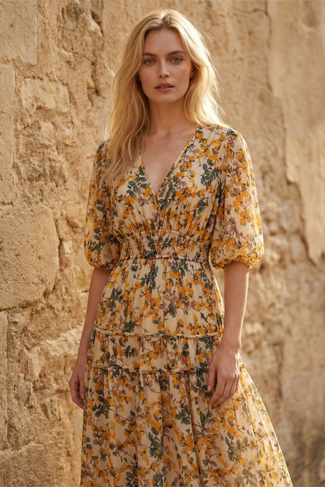 Sophie Robe Midi Col en V Manches Cloche Smockée