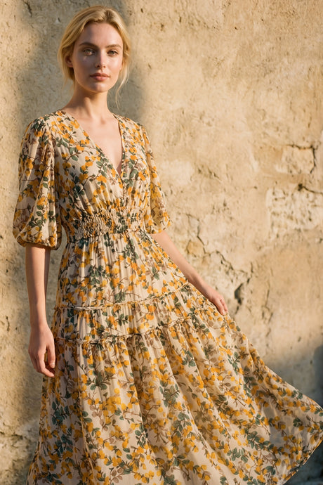 Sophie Robe Midi Col en V Manches Cloche Smockée