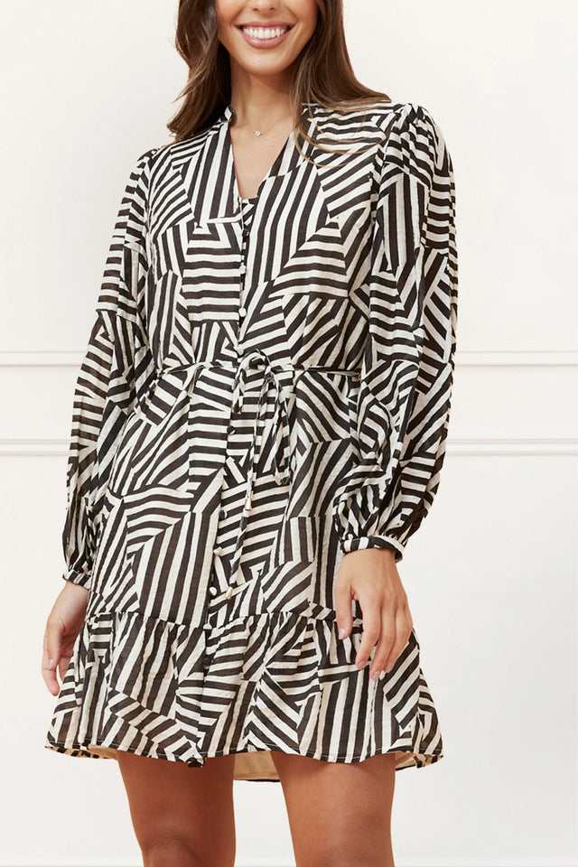 Sylvana Dress Long Puffy Sleeve Geo Print