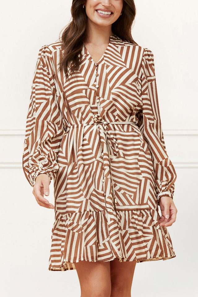 Sylvana Dress Long Puffy Sleeve Geo Print