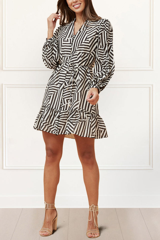 Sylvana Dress Long Puffy Sleeve Geo Print