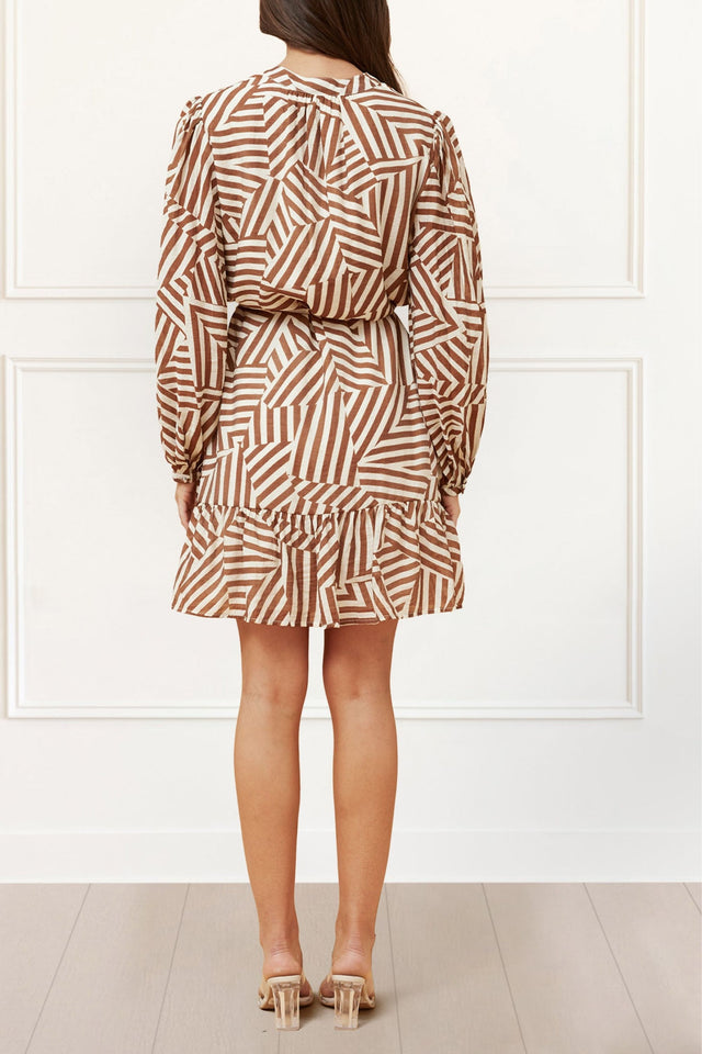 Sylvana Dress Long Puffy Sleeve Geo Print - Onze Montreal Beige / XS Annick