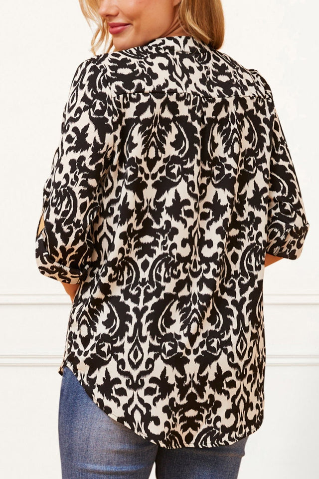 Bessie Top Split V-Neck Printed Blouse Black