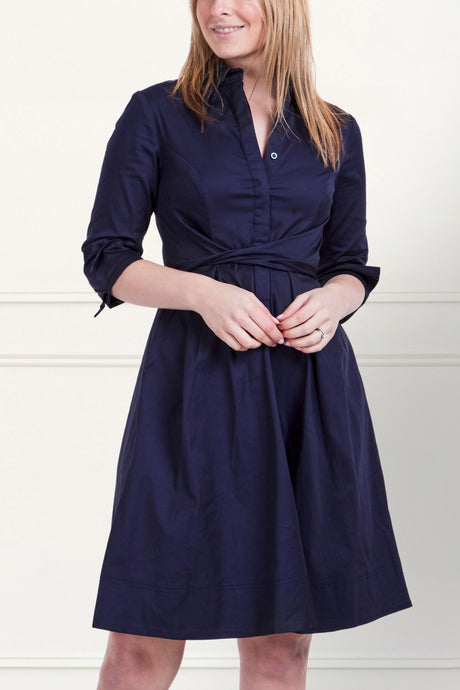 Tessa Shirt Dress Twist Waist Tie Pockets Cotton Navy - healthydessertscatering