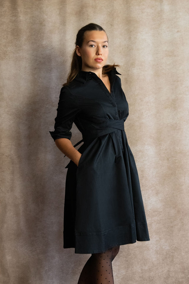 Tessa Shirt Dress Twist Waist Tie Pockets - Onze Montreal Black / XS Annick