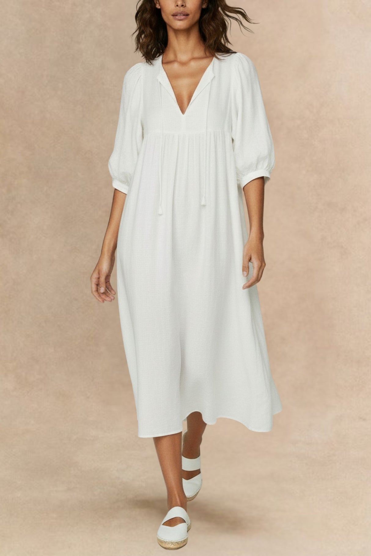 Marjolaine Robe Midi à Col Noué Manches 3/4