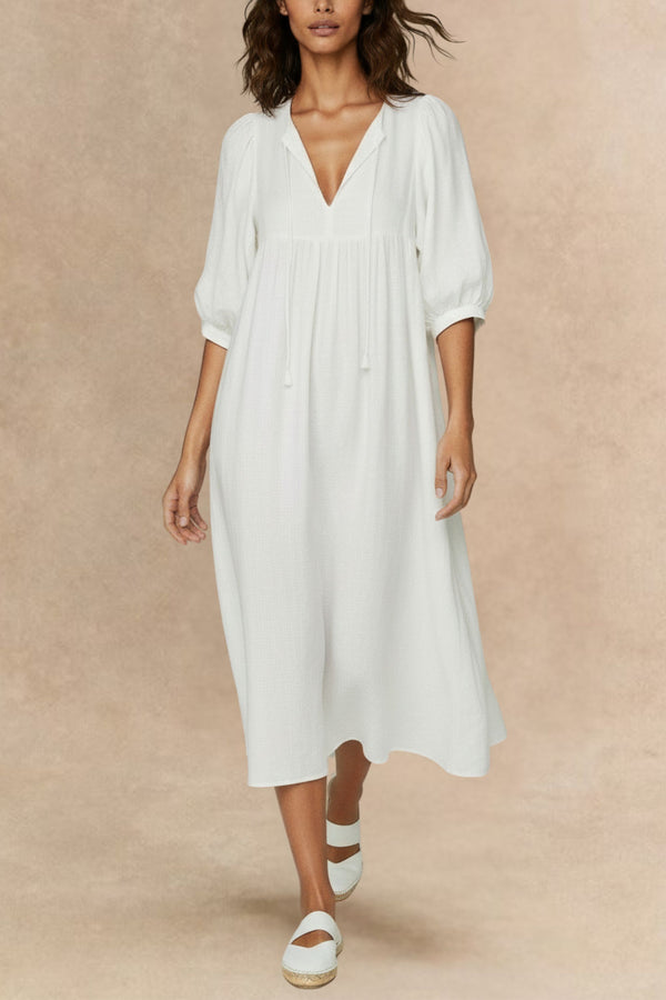 Marjolaine Robe Midi à Col Noué Manches 3/4