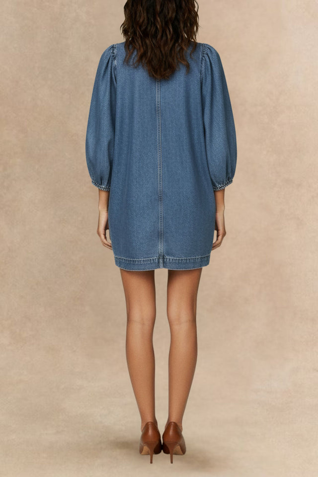 Christella Tie Neck Long Sleeve Mini Denim Dress