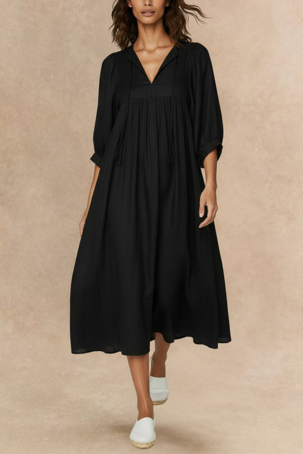 Marjolaine Robe Midi à Col Noué Manches 3/4