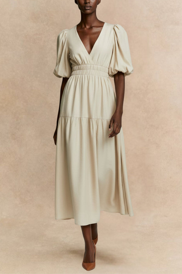 Apoline Robe Midi Fluide Manches Bouffantes