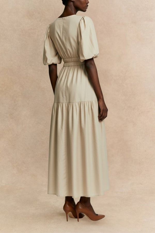 Apoline Robe Midi Fluide Manches Bouffantes