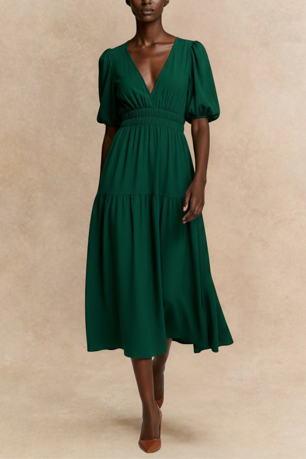 Apoline Robe Midi Fluide Manches Bouffantes