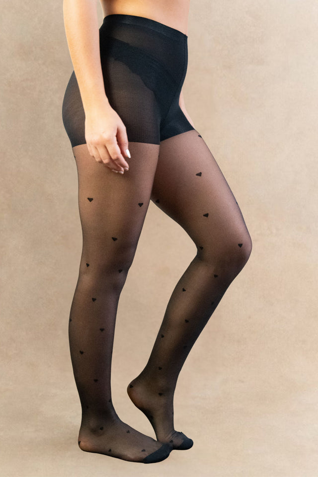 Collants Noirs Transparents Femme – Motif Cœurs, Taille Haute, Élégants et Sexy