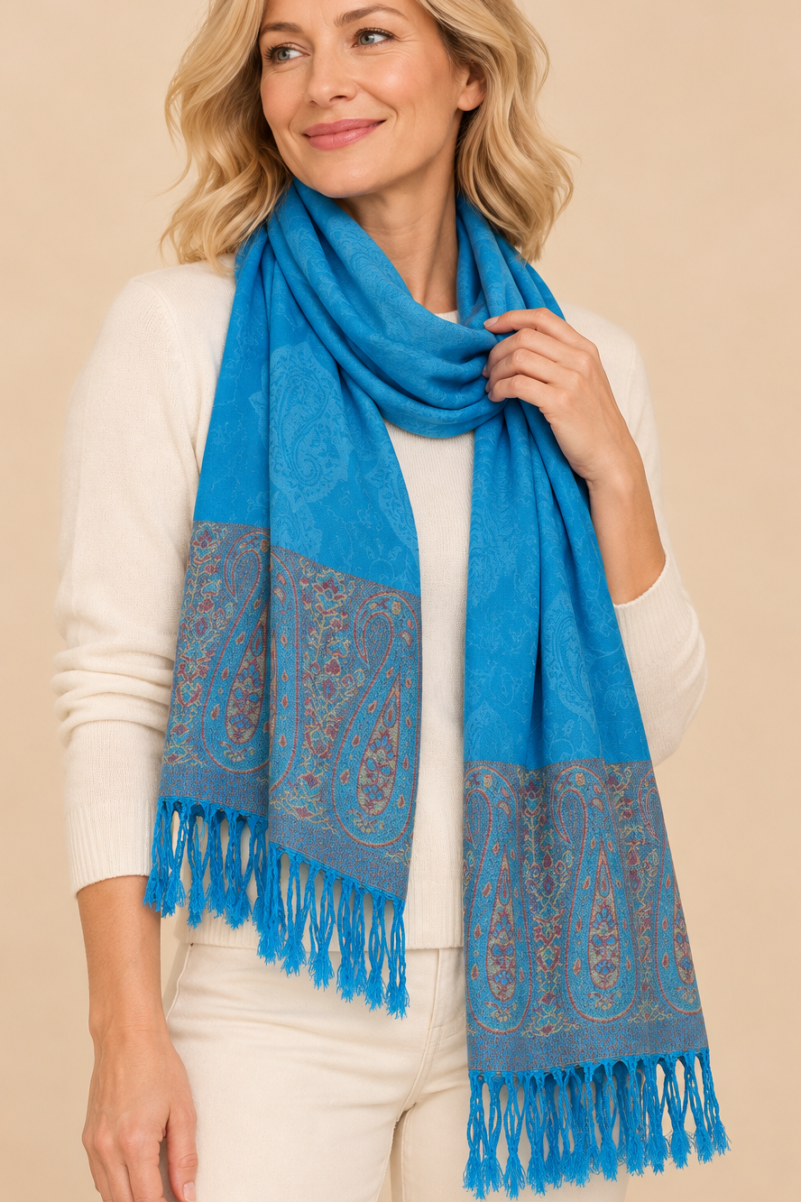 Foulard pashmina jacquard à motifs cachemire bleu