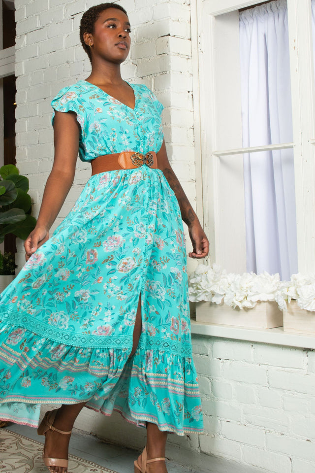 PRÉVENTE | Robe maxi Lizette imprimé floral turquoise boutonnée