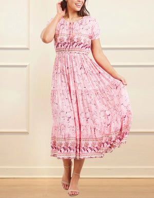 Ursula Midi Dress Fit & Flare Floral Print Pink