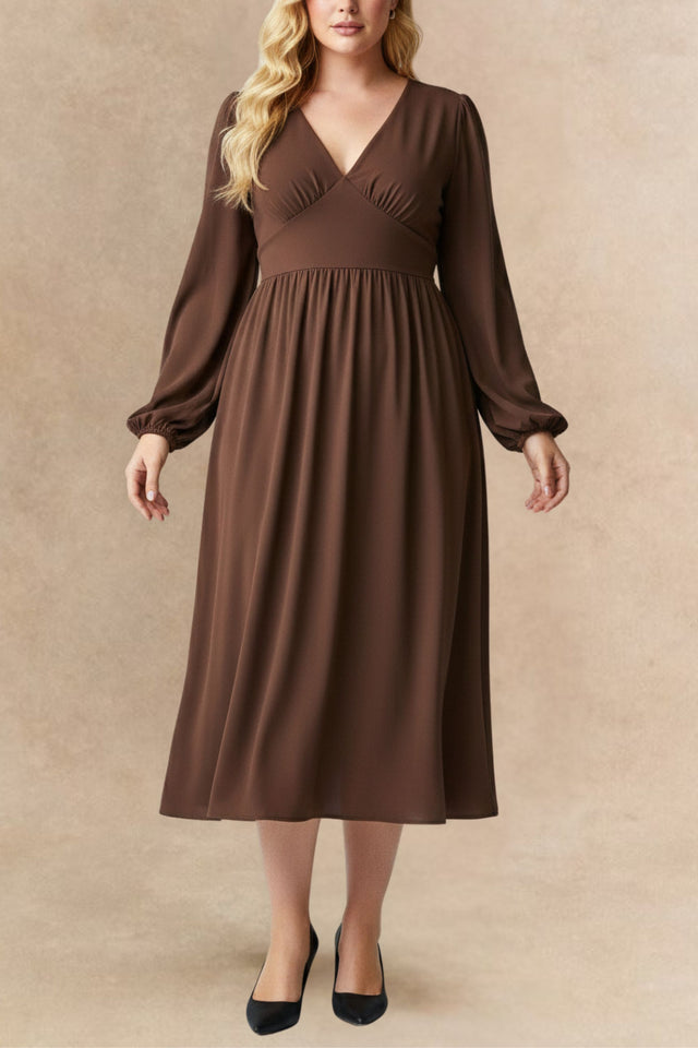V-Neck Long Sleeve A-Line Midi Dress