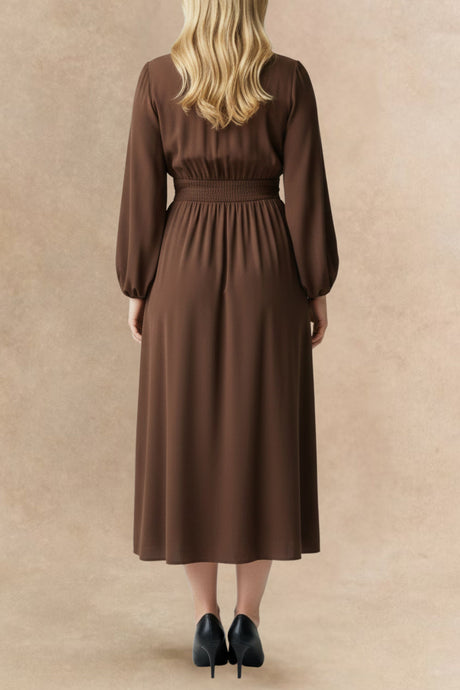V-Neck Long Sleeve A-Line Midi Dress