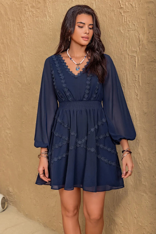 Valeria Lace Detail V-Neck Balloon Sleeve Mini Dress